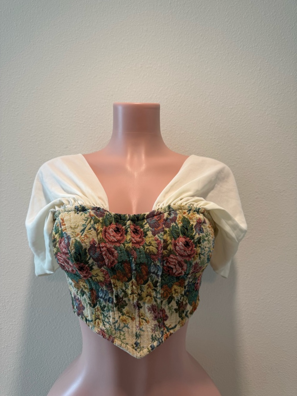 Floral Tapestry Corset Top with Cream Off-Shoulder Sleeves